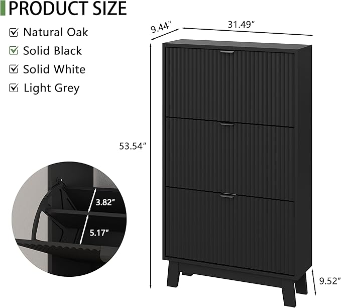 Shoe Cabinet with 3 Flip Drawers, 54" Tall Narrow Fluted Shoe Storage Organizer for Entryway, Hidden Slim Wooden Shoe Rack Cabinet for Front Door Entrance, Hallway, Living Room, Solid Black
