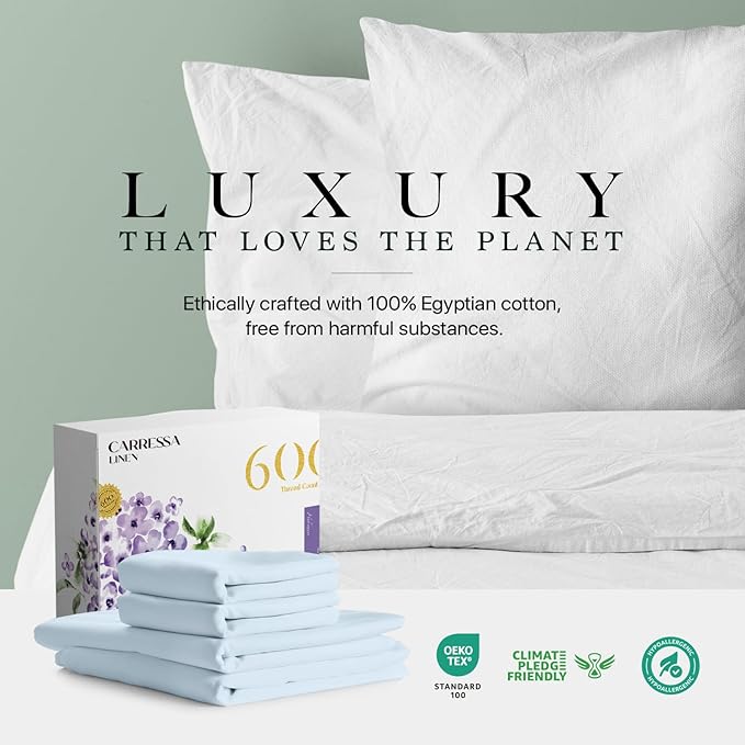 Carressa Linen California King Egyptian Cotton Sheet Sets - 600 Thread Count Cal King Cotton Sheet Set (4 PC, Sky Blue), Extra Soft, Cooling, 16" Deep Pocket Sateen Weave Luxury Hotel Bed Sheets Set