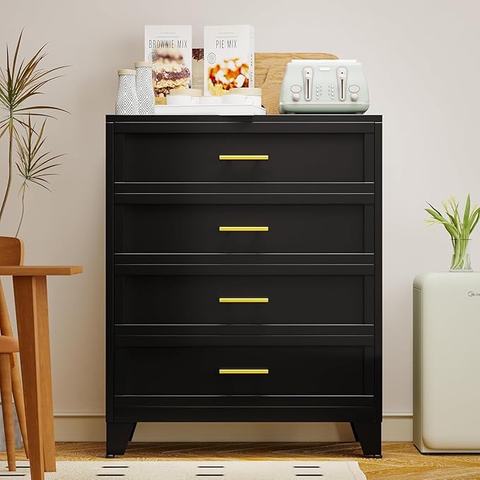 Black Dresser, Metal Tall Dresser for Bedroom, 43.11" H Dressers & Chests of Drawers, 4 Drawer Dressers for Living Room, Entryway, Hallyway (Black, 4 Drawers)