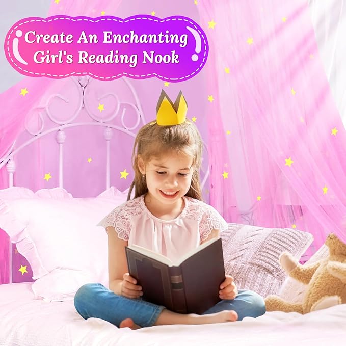 South to East Princess Bed Canopy for Girls with Glowing Stars, Pink Canopy for Girls Room, Bed Canopy Curtains from Ceiling for Twin Beds, Full Size Beds, Ideal Gift, Fire Retardant Fabric