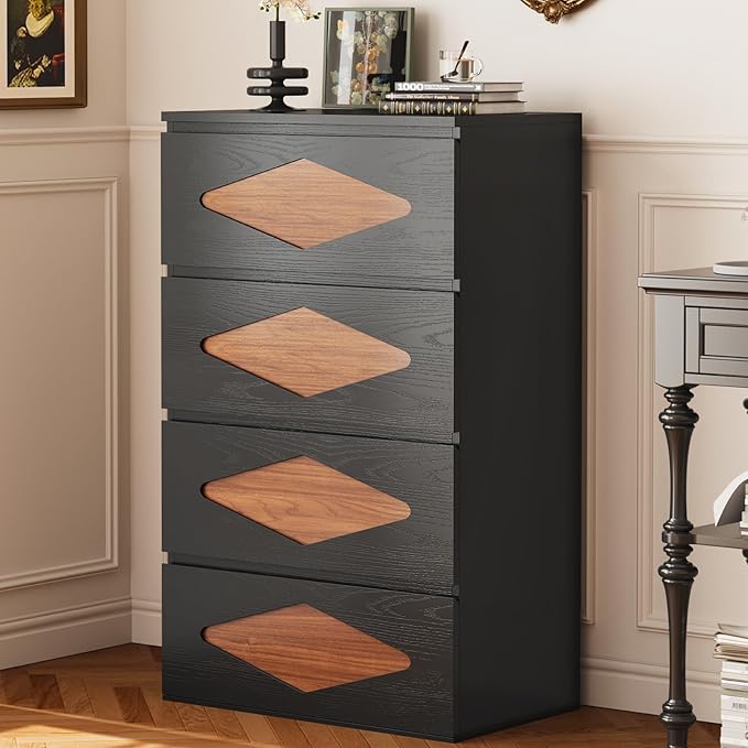 48.3'' Tall Dresser for Bedroom, 4 Chest of Wooden Deep Drawers, Vintage Dresser, Closet Storage Dressers Organizer for Bedroom, Living Room, Hallway (Black+Brown)