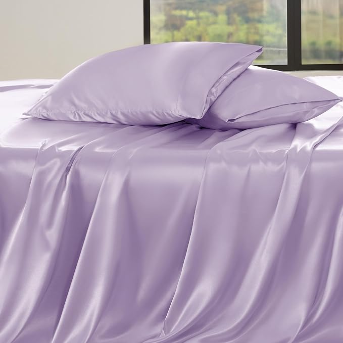 Bedsure Satin Sheets Queen Size - 4 Piece Silky Bedsheets with 15 Inches Deep Pocket Fitted Bedsheet,1 Flat Sheet, 2 Satin Pillowcases, Good for Hair & Skin (Queen, Lavender)