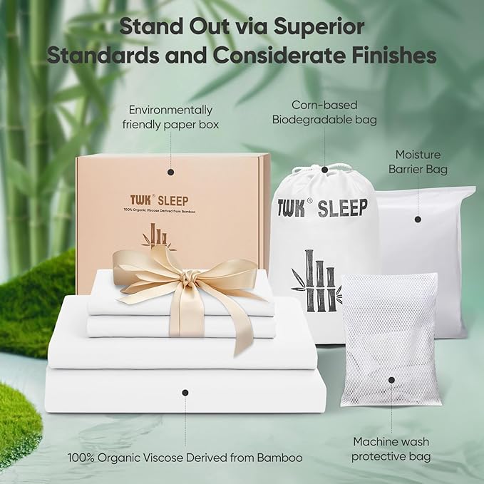 TWK Luxury Sheet Set, Genuine 100% Viscose Derived from Bamboo, Cooling & Breathable, Silky Soft, Bedding Sheets & Pillowcases (White, California King)