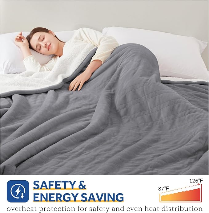 SEALY Electric Blanket Full Size, Heated Blanket Flannel & Sherpa with 10 Heating Levels & 1-12 Hours Auto Shut Off, Fast Heating Warming Blanket, Machine Washable, Light Grey, 80 x 84 Inch