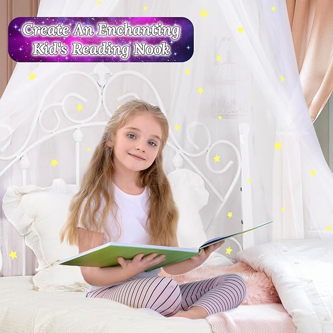 South to East Bed Canopy for Girls with Glowing Stars, Princess Canopy Bed Curtains for Kids, Starry Net Canopy for Girls Room Decor, Kids Bed Canopy for Single, Twin, Full, Queen Size Bed
