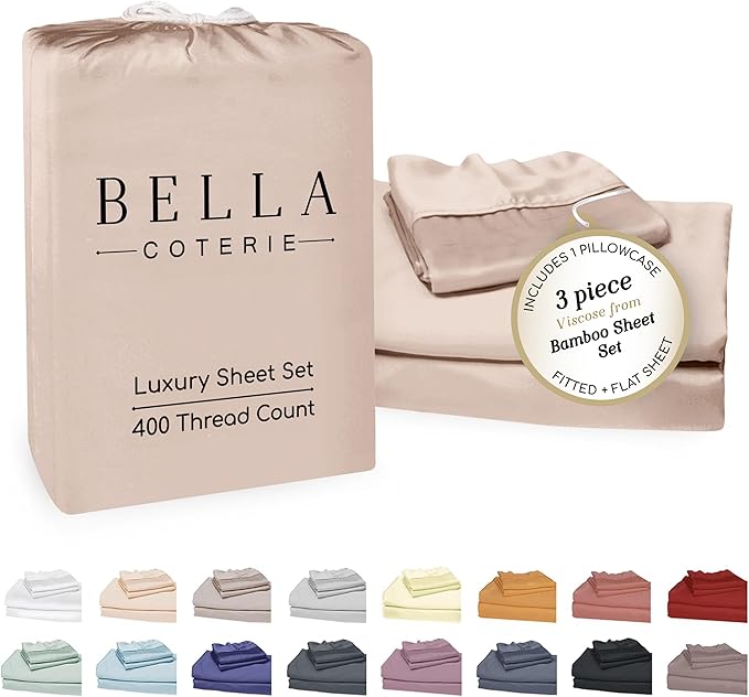 Bella Coterie Luxury Bamboo Viscose Twin Size Sheet Set | 100% Organically Grown | Ultra Soft | Cooling for Hot Sleepers | 18" Deep Pocket [Dusty Rose]
