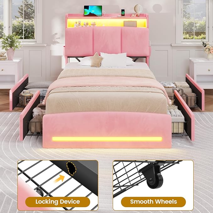 VIAGDO Twin Bed Frames with Storage Headboard and Charging Station, Velvet Upholstered Bed Frame Twin Size with 4 Drawers and LED Lights, Type C and USB, No Box Spring Needed, Pink