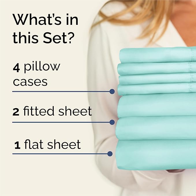 Split King 7 Piece Sheet Set - Cooling & Breathable - Hotel Luxury Bedding, Includes Fitted Sheets for Women, Men, Kids & Teens - 1 Flat, 2 Fitted Sheets, 4 Pillowcases with Deep Pockets - Spa Blue