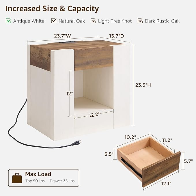 OKD Modern Nightstand with Charging Station, 24" Large Bedside Table, Rustic End Table with Drawers & Open Shelf for Bedroom/Living Room, Night Stand Wood Thick Design,Antique White