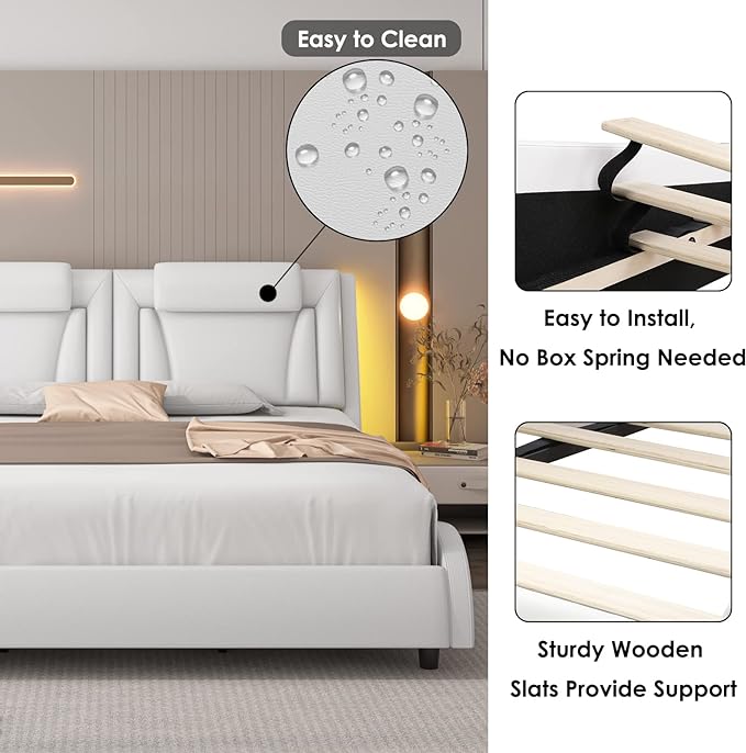 Keyluv Modern Upholstered King Bed Frame with Adjustable LED Headboard, Wave-Like Curve Design, Solid Wooden Slats Support, No Box Spring Needed, Noise Free, White