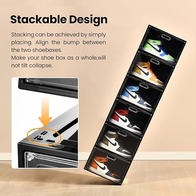 8 Pack Shoe Boxes Black Plastic Stackable, Large Shoe Storage Organizer,Drop Side Front Shoe Containers for Entryway,Sneaker Storage Fit up to US Size 13 for Men/Women(13’’x 10.6”x 8.3”)