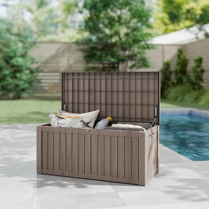 150 Gallon Outdoor Storage Box Waterproof, Resin Deck Boxes with Lockable Lid & UV-Resistant for Patio, Pool, Garden Furniture Cushions & Accessories, Coffee