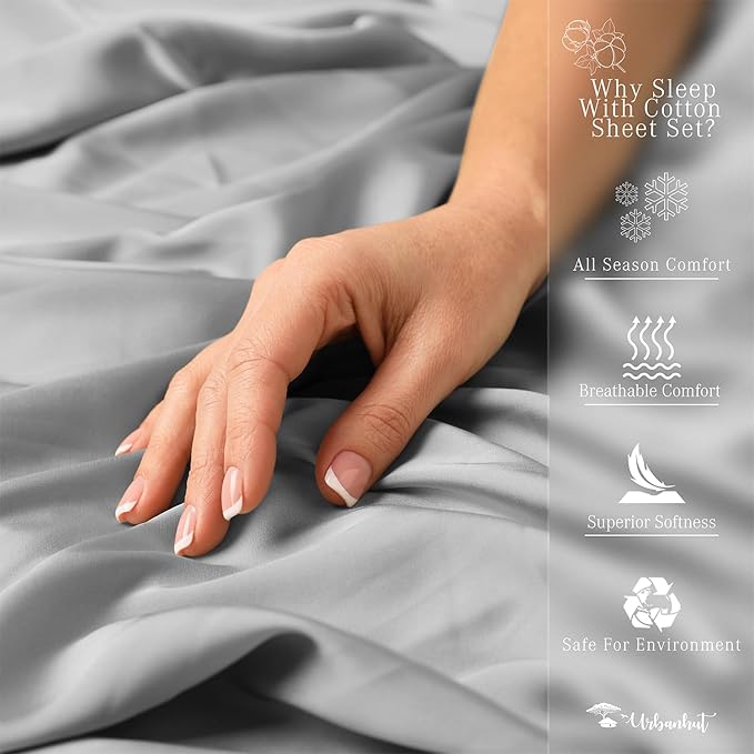 URBANHUT 800 Thread Count 100% Cotton Full Size Sheets, Luxury 4 Piece Full Bedsheets, Hotel Sheets Sateen Finish - Better Than Egyptian, 16" Elasticized Deep Pocket - Silver Grey