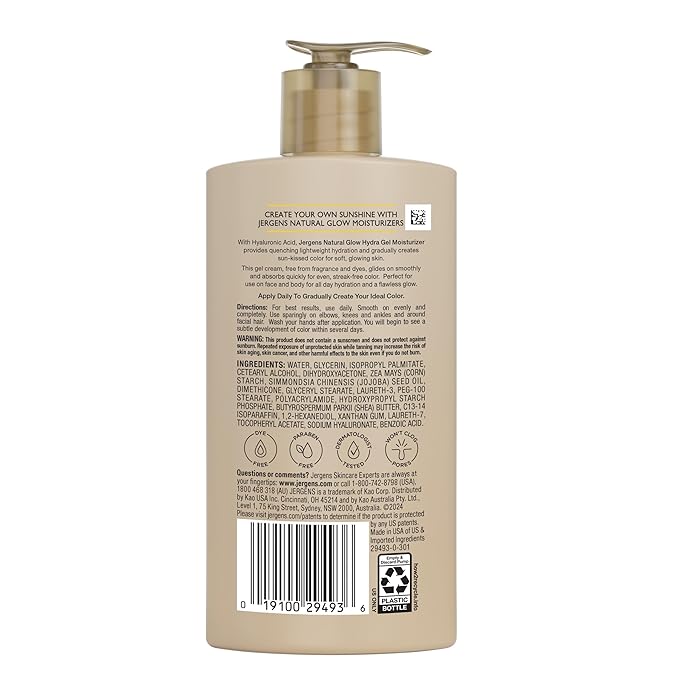 Jergens Natural Glow Hydra Gel Moisturizer, Hyaluronic Acid Tanning Lotion, Hydrating Tanning Gel, Fragrance-Free Self Tanner, Fair to Medium Skin Tones, 8.3 Fl Oz