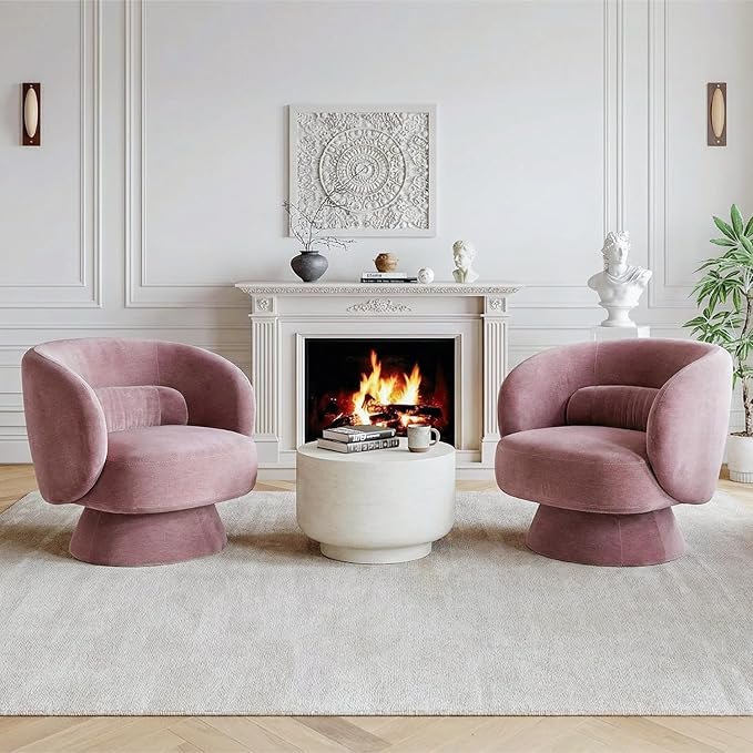 Swivel Accent Chair, Modern 360 Degree Swivel Barrel Chair with Arms & Curved Back and Lumbar Support Cushion, Comfy Round Single Sofa for Small Space, Living Room, Bedroom, Old Rosa Rayon