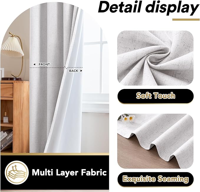 PrinceDeco 100% Blackout Curtains Nature Linen Blended 84 Inch Long Room Darkening Solid Black Out Curtains for Living Room Thermal Insulated Nickel Grommet 2 Panels Set - Heathered White