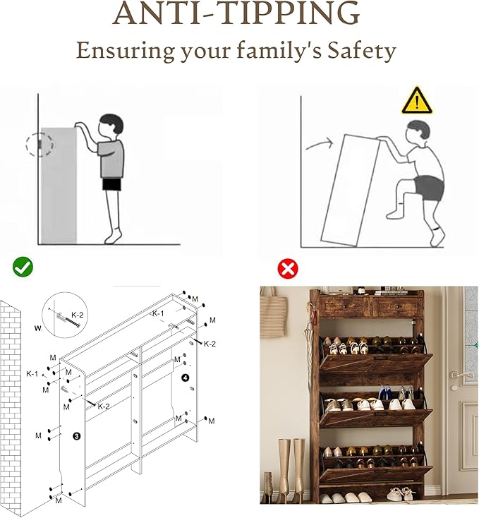 Shoe Storage Cabinet for Entryway, Farmhouse Narrow Shoe Cabinet with 3 Flip Drawers & 2 Top Drawers, Adjustable Shelves & Hooks, Freestanding Hidden Rack Organizer for Hallway, Foyer