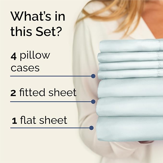 Split King 7 Piece Sheet Set - Cooling & Breathable - Hotel Luxury Bedding, Includes Fitted Sheets for Women, Men, Kids & Teens - 1 Flat, 2 Fitted Sheets, 4 Pillowcases with Deep Pockets - Ice Blue