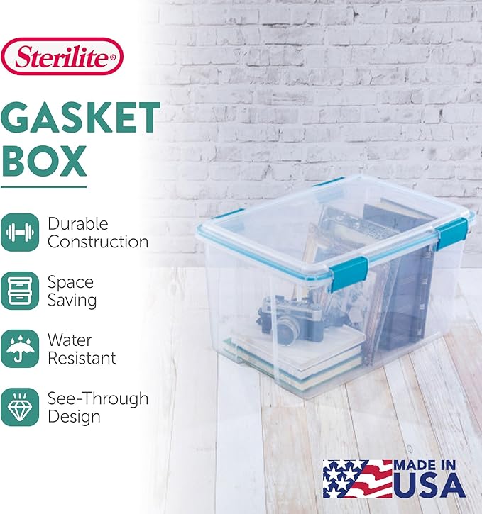 Sterilite 4-Pack Gasket Box, Weather-Resistant Storage Bins with Latching Lids, 54 Quart - Heavy-Duty Organizing Containers for Closet, Bathroom, and Office