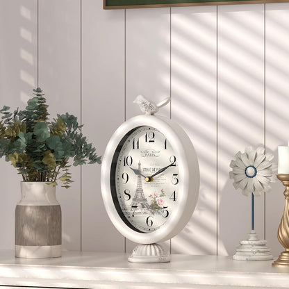 Vintage Table Clock with Bird, Desk and Shelf Decor Clock, French Paris Style, Antique White Metal Mantel Clocks for Living Room, Farmhouse, Bedroom, Bedside, Gift (10" H x 5.9" W)