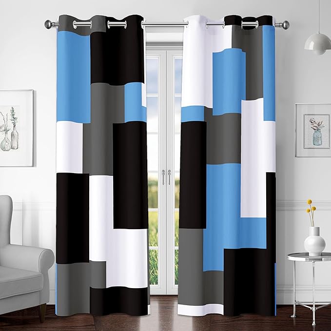 Light Blue 100% Blackout Curtains for Bedroom 84 inch Length 2 Panels Set Grey Modern Abstract Geometric Black Out Curtains Insulated Room Darkening Window Drapes for Living Room, 42Wx84L