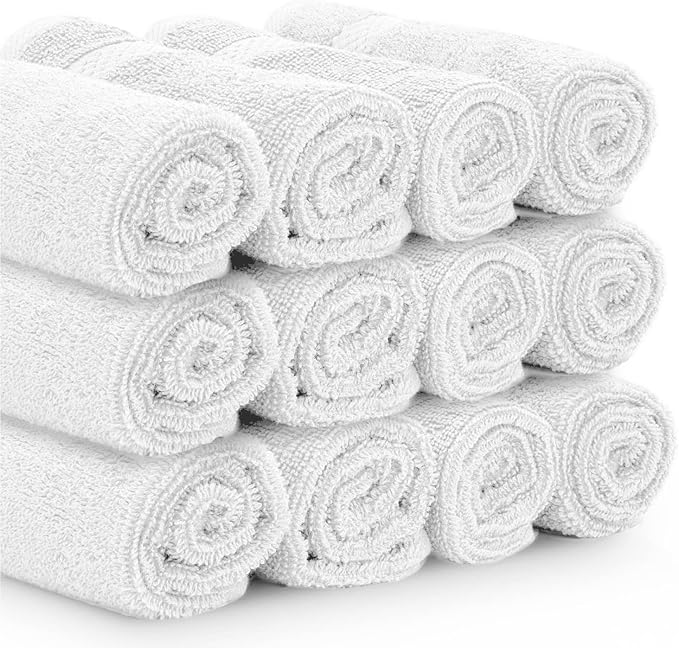 White Classic Luxury Cotton Washcloths 13x13 Inch - 650 GSM Turkish Cotton | Hotel, Spa, Bathroom Face Towel | 12 Pack, Silver
