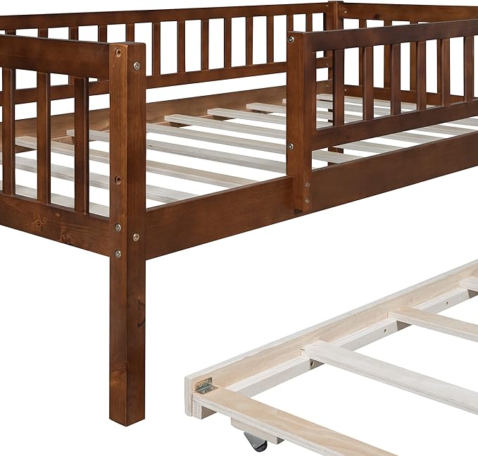 Bellemave Twin Bed Frames with Rails for Kids, Twin daybed Frame with Trundle for Boys/Girls/Adults， Walnut