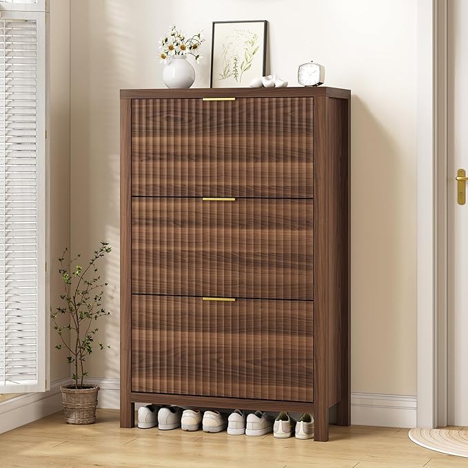 Shoe Cabinet Storage for Entryway, Fluted Shoe Cabinet with 3 Flip Drawers, Hidden Shoe Rack Tall Freestanding Shoe Organizer with Legs for Hallway, Walnut