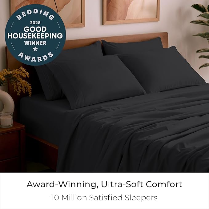 Mellanni Queen Sheet Set - 6-Piece Iconic Collection Bedding, (Including 4 Pillowcases), 16-Inch Deep Pocket, Easy Care, Extra Soft, Cooling Sheets, Brushed Microfiber - Black