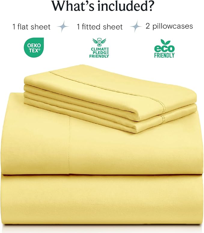 LuxClub 4 PC Sheet Set Bed Sheets Deep Pockets 16" Eco Friendly Wrinkle Free Cooling Machine Washable Hotel Bedding Silky Soft - Lemon Queen