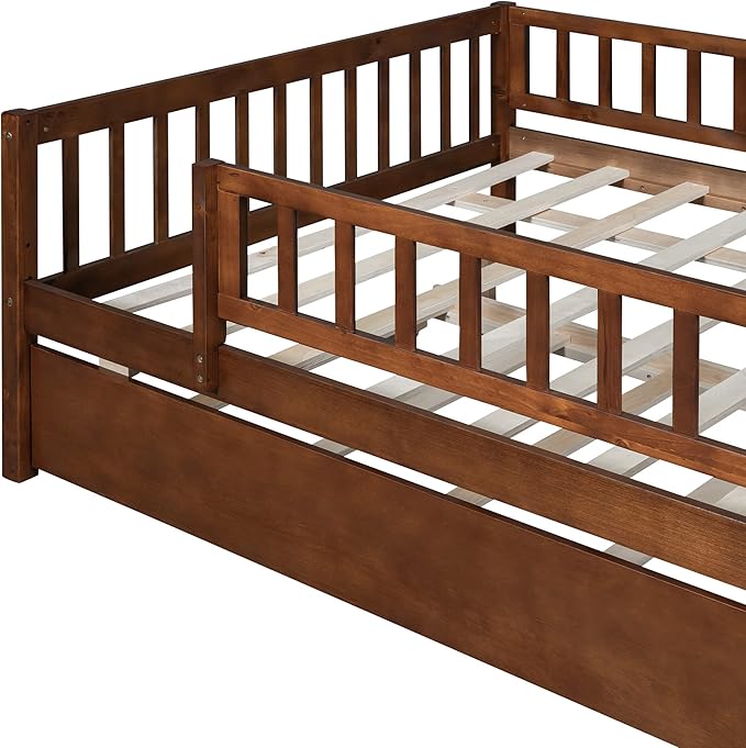 Bellemave Full Size Bed Frames with Rails for Kids, Full daybed Frame with Trundle for Boys/Girls/Adults，Walnut