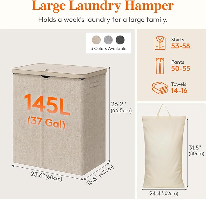 Lifewit 145L Laundry Basket with Lid, Large Laundry Hamper with Plastic Handles and Removable Bag, Foldable Tall Dirty Clothes Hampers for Laundry for Laundry Room, Bedroom, Bathroom, Dorm, Beige
