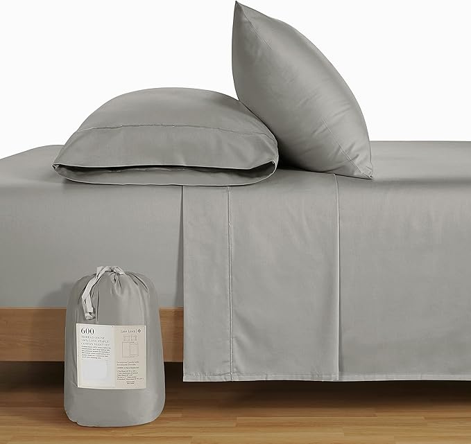 LANE LINEN Queen Size Sheet Set – 600 Thread Count Natural 100% Cotton Sheets, Cooling Bed Sheets, Durable Bedding for Daily Use, Fade Resistant, Snug Fit 15" Deep Pocket Fitted Sheet – Silver