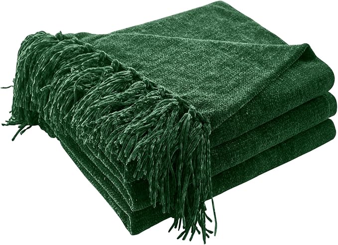 CozeCube Chenille Throw Blanket for Couch, Cozy Plush Fuzzy Decorative Christmas Green Blanket with Fringe Tassels, Lightweight Throws for Bed Sofa Gift Home Decor, 60"X80"