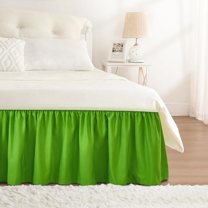 RIMELA Green Bed Skirt King Size 18 Inch Drop, Elastic Bed Skirting for Bed Base and Frame, Bedding Dust Ruffle Easy to Install, Lightweight Wrap Around Adjustable Bedskirt