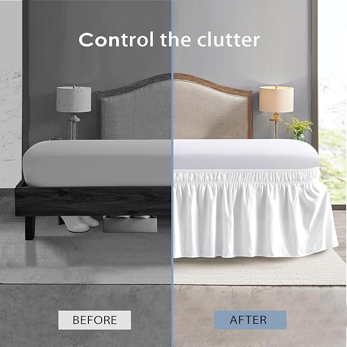 FreshCulture Elastic Wrap Around Bed Skirt - Easy Fit with 15-Inch Tailored Drop, Hotel Quality Dust Ruffle for Full Size Bed (White)