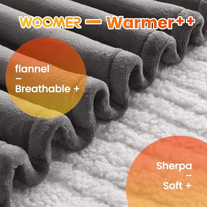 WOOMER Electric Blanket Twin Size,Durable Flannel and Soft Sherpa,Dual Control,62”×84” Heated Throw Blanket, 10 Heat Levels&0.5-12h auto-Off,Energy Efficient,ETL Certified