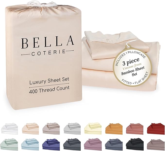 Bella Coterie Luxury Bamboo Viscose Twin Size Sheet Set | 100% Organically Grown | Ultra Soft | Cooling for Hot Sleepers | 18" Deep Pocket [Champagne]