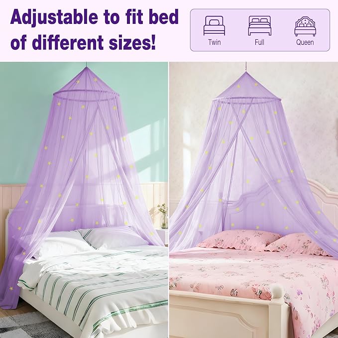 Purple Princess Bed Canopy for Girls with Glowing Stars, Canopy Bed Curtains for Twin, Full, and Queen Sizes; Ceiling Tent for Reading Nooks, Mosquito Net for Indoor Room Decor and Outdoor Use