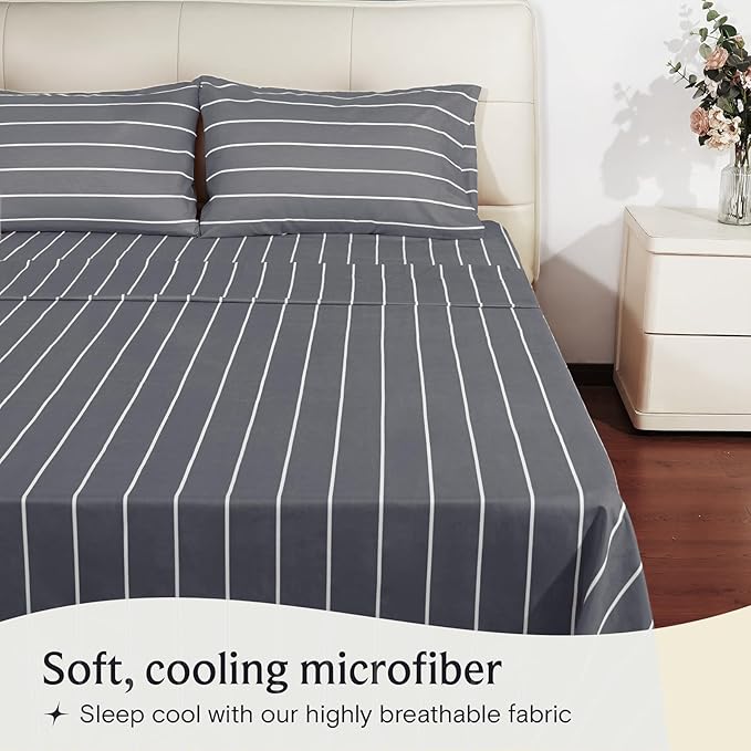 LuxClub 4 PC Full Sheet Set, Deep Pockets Wrinkle Free Cooling Bed Sheets Hotel Bedding for Women, Men, Includes 1 Fitted Sheet, 1 Flat Sheet and 2 Pillowcases-Striped - Light Grey