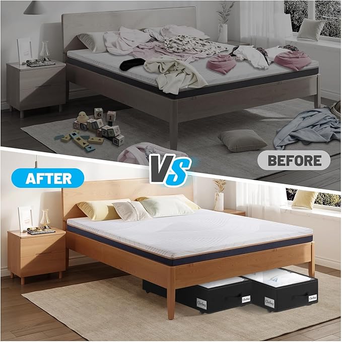 Under Bed Storage with Wheels, 2-Pack 6.7" Height XL 50L Rolling Storage Bins, Quick Assembly Underbed Shoe Storage Containers with Clear Lid & Label, Dorm Under bed Drawers for Clothes, Shoes, Black