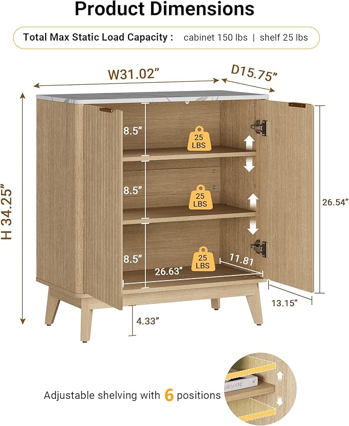 Sideboard Cabinet, Small Buffet Cabinet, Modern Fluted Storage Cabinet with Faux Marble Top & Adjustable Shelf, Accent Credenza Sideboard for Kitchen, Living Room, Entryway
