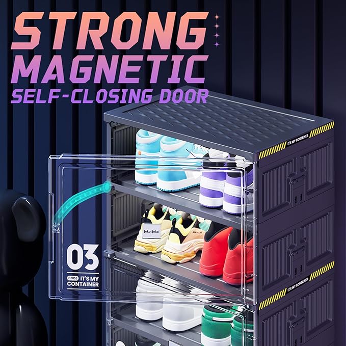 JEKO&JEKO 10-Tier Foldable Shoe Storage Cabinet with Magnetic Doors, Large Collapsible Shoe Rack Organizer for Entryway, Fits Up to 20 Pairs, Black
