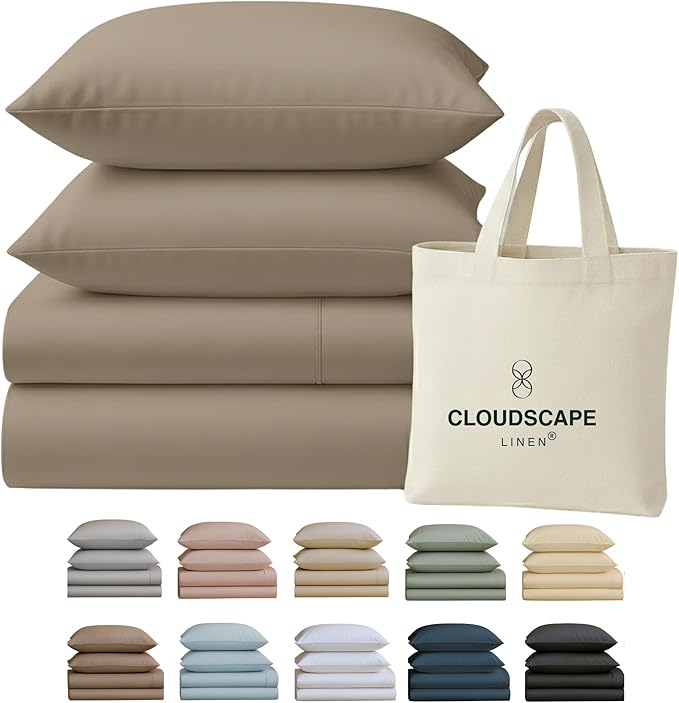 Cloud Scape Linen 100% Egyptian Cotton Sheets Full Size, 4 Pieces Luxury Bedding Set, 400 Thread Count,Hotel Quality, Silky Soft, Deep Pockets up to 17, Taupe