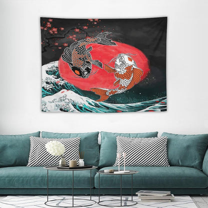 Houselerax Koi Fish Tapestries,Japanese Style Yin Yang Big Wave Cherry Blossoms Tapestry Wall Hanging for Bedroom Living Room Office Decor 40"x30"