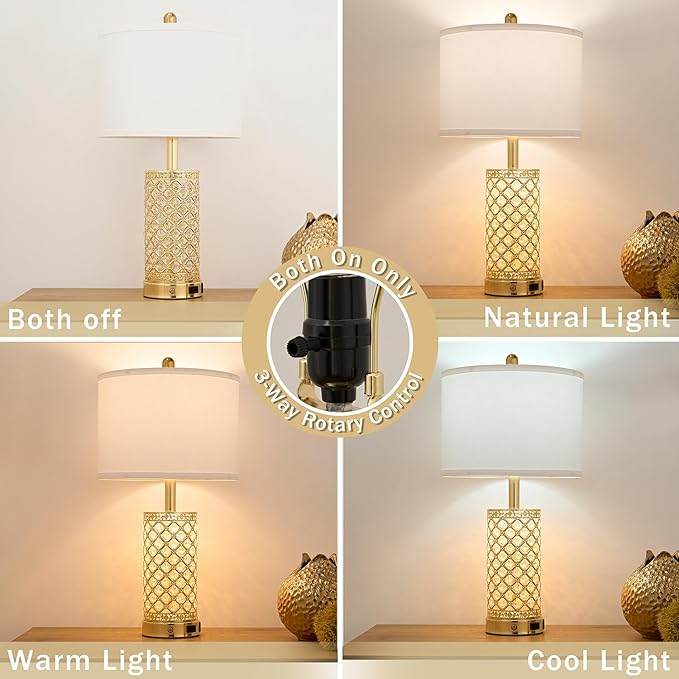 Crystal Table Lamp Set of 2-24in Gold Bedroom Lamps 3-Way Dimmable Touch Lamp with Night Light, 2 USB Ports + AC Outlet Bedside Night Stand Lamp for Living Room (Gold-2 Pack 24In)