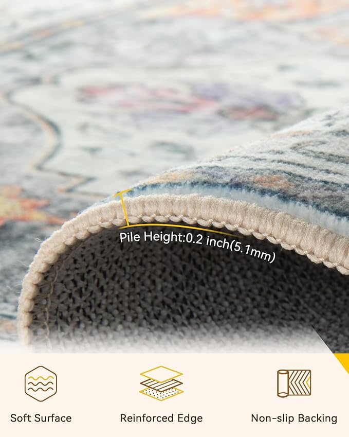 Area Rugs 2'x8' Washable Non-Slip, Floral Vintage Distress Print Pattern Medallion Carpet for Living Room Bedroom Dining Room, Light Yellow Carbon Grey Orange