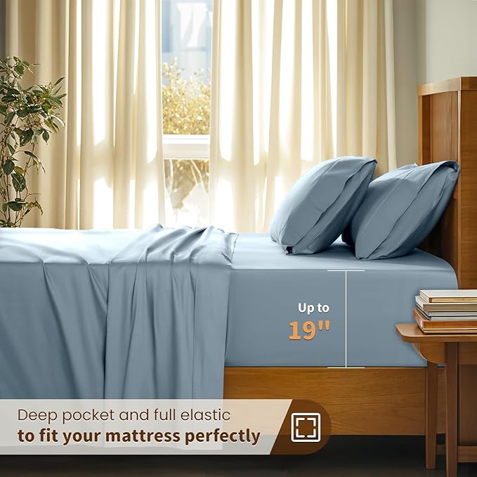 LBRO2M 100% Cotton Sheets Set Deep Pocket 19", 1000 Thread Count King Size 4 Piece Bed Sheet Sets Soft Comfortable Bedding All Season (King, French Blue)