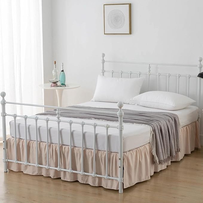 Bed Skirt Queen Size Ruffled Bed Skirt with Split Corners, 12 Inch Drop Dust Ruffle Bed Skirt with Platform, Cream, Queen- 12" Drop