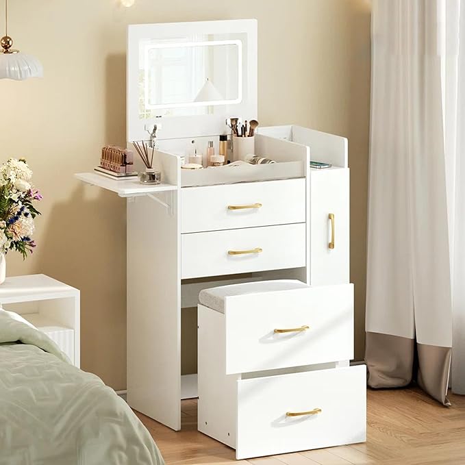 3 in 1 Vanity Desk with Flip Top Mirror, LED Lights, Side Cabinet,Collapsible Desk Panel, Hidden Stool with Storage, Small Makeup Vanity Table with Power Outlets, Compact Vanity, White PT01DTW
